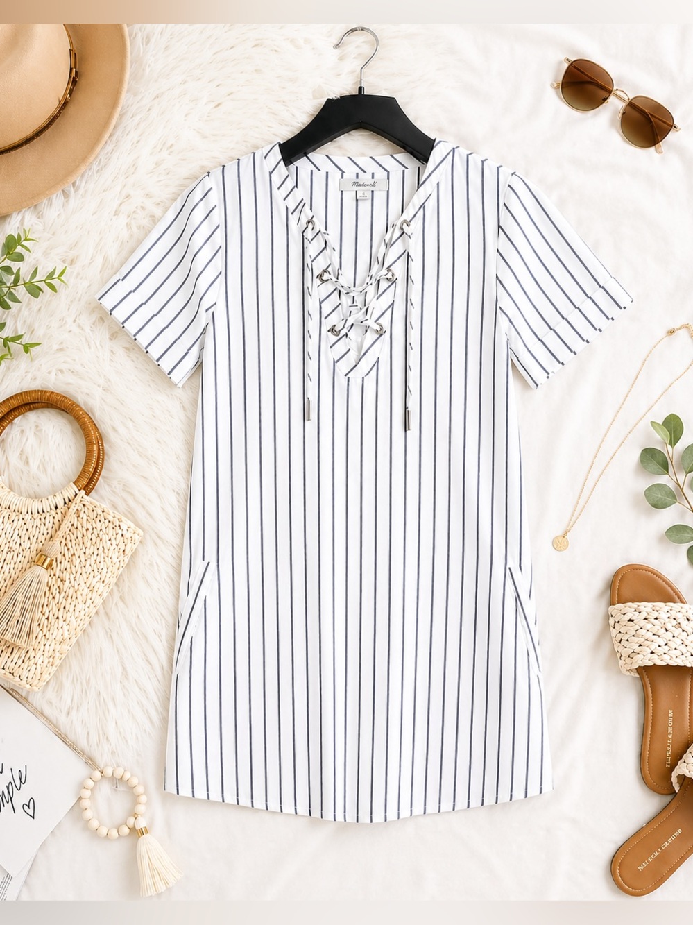 Madewell Harbor Lace-Up Shift Dress XXS Striped Cotton EUC Nautical Mini